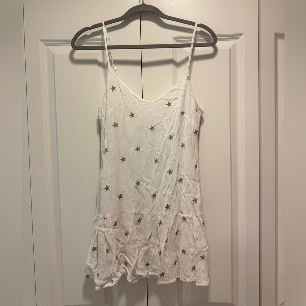 White Linen Dress Embroidered with Gold Stars, size S